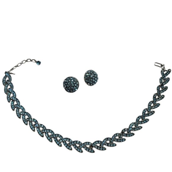 Crown Trifari Cavalcade Blue Silver Tone Necklace Earrings Set - Picture 1 of 10